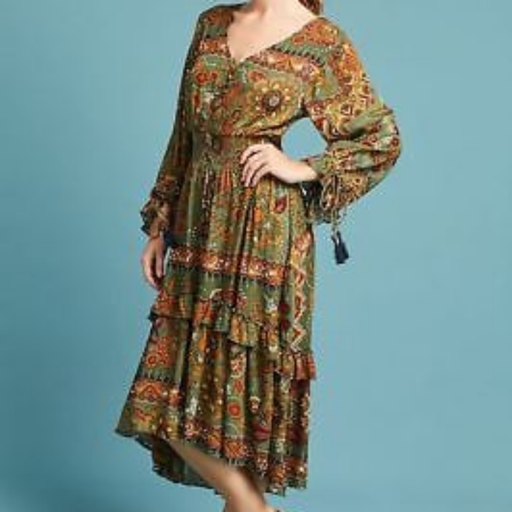 FARM Rio Green Paisley High-Low Ruffle Dress